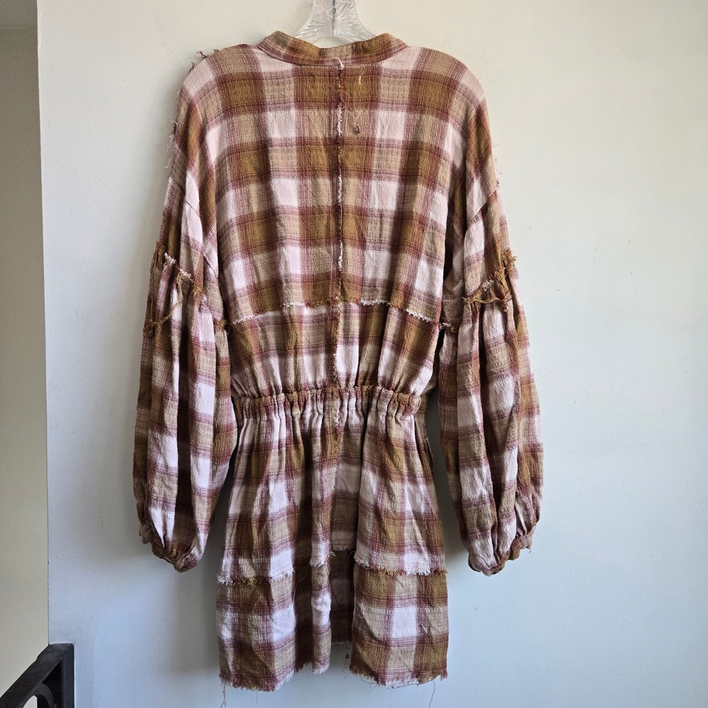 We The Free XS Plaid Mini Dress Womens Brown Excellent Balloon Sleeve Distressed - Picture 7 of 7